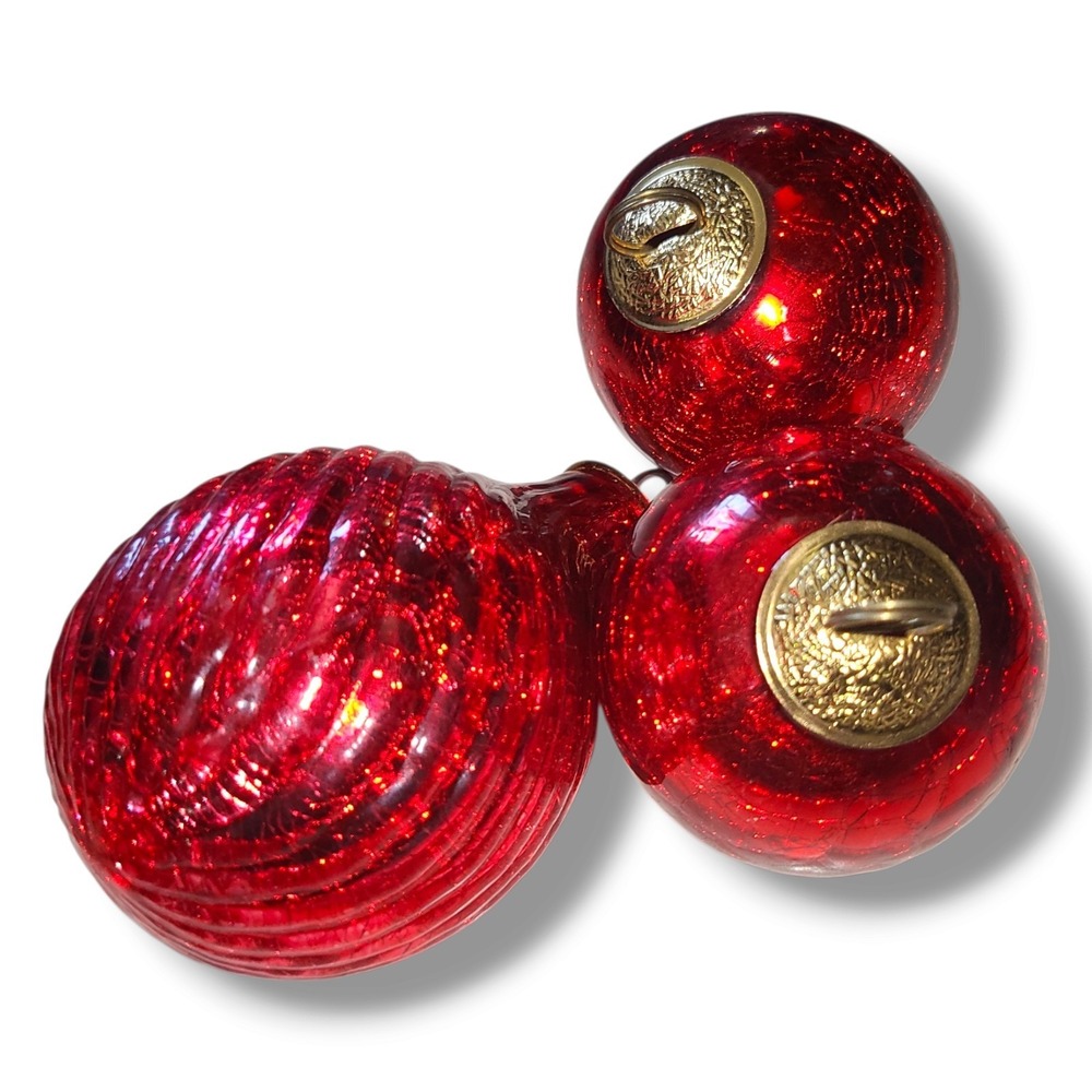 Set of 3 Vintage Red/Gold Kugal Style Heavy Glass Christmas Ornaments